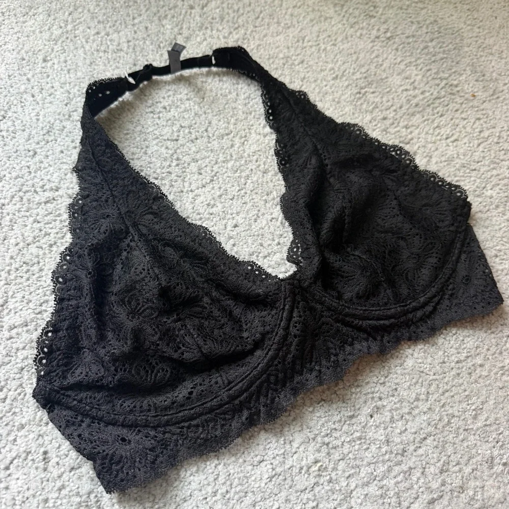 Aerie Black Lace Halter Bra NWT Wire Unlined Plunge Size 34D